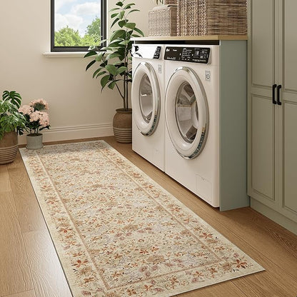 DUKINO 2x6 Runner Rug for Hallway, Washable Vintage Floral Kitchen Rug with Non Slip Backing, Soft Low Pile Throw Carpet Runner for Kitchen, Laundry, Hallway, Bathroom, Beige