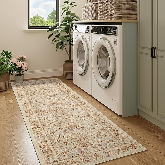 DOKINO 2x10 Runner Rug for Hallway, Vintage Washable Long Kitchen Rug with Low Pile Design, Floral Non Slip Soft Carpet Runner for Hallway, Kitchen, Bathroom, Bedroom, Beige