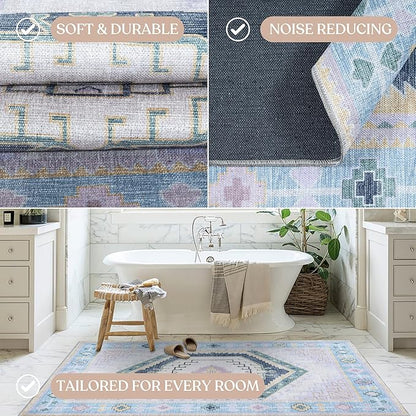 Fame Living Washable Area Rug. Modern Farmhouse. Vintage. Turkish. Bohemian. Distressed. Oriental. Traditional. Rugs for Living Room. Dining. Bedroom. Office. Entryway. Foyer. (856PBl, 2' x 3')