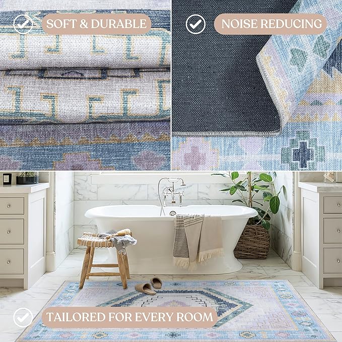 Fame Living Washable Area Rug. Modern Farmhouse. Vintage. Turkish. Bohemian. Distressed. Oriental. Traditional. Rugs for Living Room. Dining. Bedroom. Office. Entryway. Foyer. (856PBl, 5'9" x 8'9")
