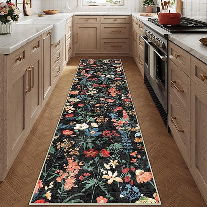 Floral Runner Rug 2x5 Washable Hallway Long Black Bedroom Carpet Non Slip Indoor Boho Kitchen Low Pile Accent Rug Lightweight Soft for Bathroom Dining Laundry Living Room