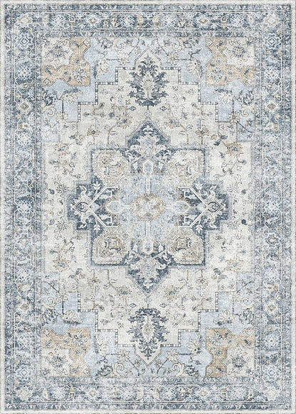 GENIMO 3x5 Area Rugs for Living Room, Machine Washable Rug, Non Slip Vintage Rugs, Low Pile Lightweight Chenille Print Rug for Bedroom, Dining Room, Home Office, Blue