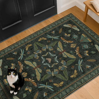 3x4 Unique Entryway Rug - Throw Rug for Large Kitchen, Entry Way, Mudroom, Dark Green and Black Insect Print, Washable Low Pile Floor Carpet
