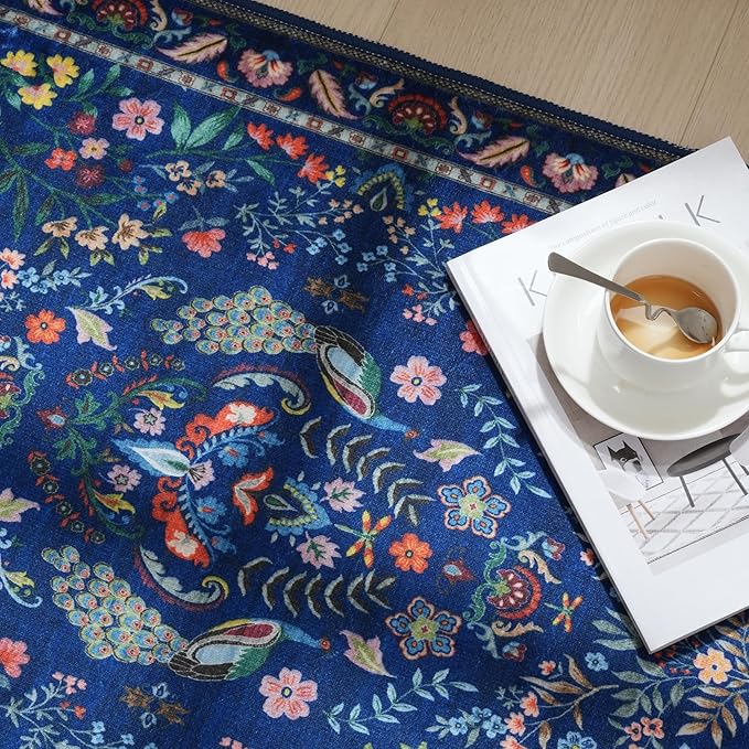 Rugcomf 9x12 Area Rugs for Living Room Washable Rug Floral Non-Slip Large Rug for Living Room, Bedroom, Farmhouse, Dining Room, Kids Playroom (Blue)