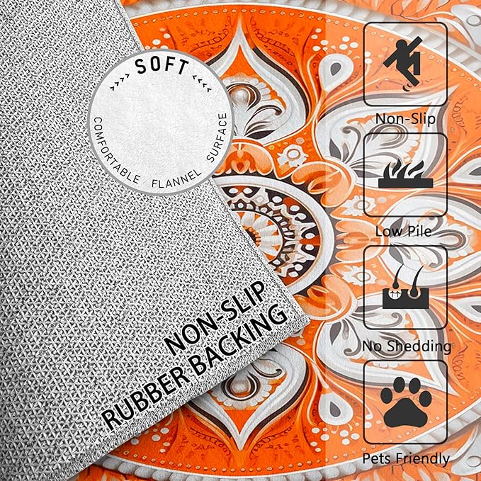 Mandala Rugs 5x7 -Orange Mandala Rug, 6x8 ft, Vintage Meditation Washable Rugs for Living Room, Hippie Spiritual Area Rug for Bedroom, Boho Vintage Floral Home Decor & Gifts
