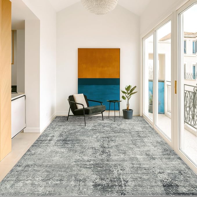 5x8 Large Entryway Rug Washable - Dark Blue and Gray Rug for Mudroom, Foyer, Hall, Living Room, Washable Low Pile Stain Resistent Slate Blue Décor