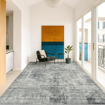 Vintage Dark Blue Rugs for Bedroom - 6x9 Distressed Print Pattern Large Area Rug for Living Room, Dining Room Under Table, Thin & Soft Washable Slate and Gray Décor