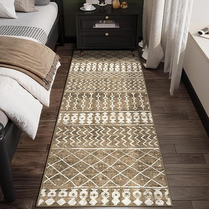 2x8 Machine Washable Runner Rug, Kitchen Hallway Area Rug, Brown Vintage Moroccan Rug Ultra Non-Slip Low Pile Soft Faux Wool Carpet, Kids and Pets Friendly for Bedroom Entryway Bedside Decor Rug