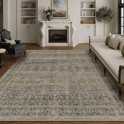 HUGEAR 8x10 Washable Area Rug Taupe Vintage Neutral Living Room Rug Soft Non Slip Large Distressed Carpet Low Pile Pet Friendly for Bedroom Dining Room