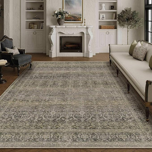 HUGEAR 8x10 Washable Area Rug Taupe Vintage Neutral Living Room Rug Soft Non Slip Large Distressed Carpet Low Pile Pet Friendly for Bedroom Dining Room