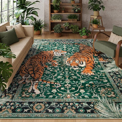 Moynesa Tiger Washable Rugs, 8x10 Area Rugs for Living Room, Soft Large Vintage 8x10 Bedroom Green Rug, Botanical Non Slip Ultra Thin Floor Carpet for Dining Room Home Office