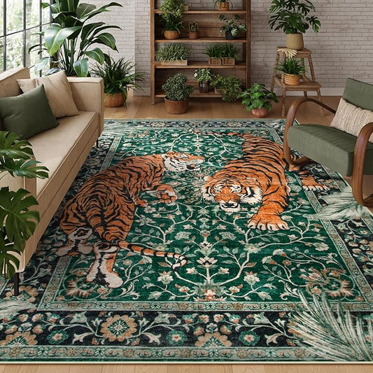 Moynesa Tiger Washable Rugs, 8x10 Area Rugs for Living Room, Soft Large Vintage 8x10 Bedroom Green Rug, Botanical Non Slip Ultra Thin Floor Carpet for Dining Room Home Office