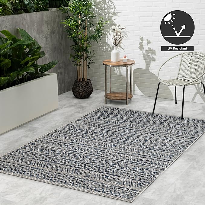 FH Home Flat Woven Outdoor Rug - Waterproof, Easy to Clean, Stain Resistant - Premium Polypropylene Yarn - Striped Boho - Large Patio, Deck, Sunroom - Amman - Blue - 7ft 8in x 9ft 8in
