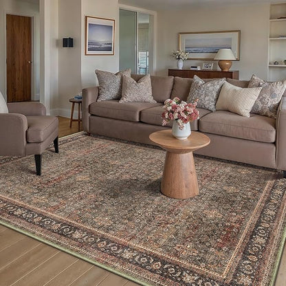 Entryway Area Rug 4x6 Brick Red Vintage Washable Office Carpet Traditional Distressed Indoor Entry Soft Non Slip Small Door Mat Retro Low Pile Thin Rug for Kitchen Laundry Bedroom