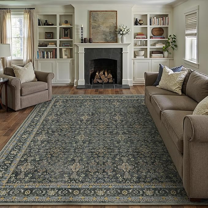 9x12 Area Rug for Living Room Black Vintage Washable Bedroom Carpet Traditional Distressed Soft Non Slip Indoor Large Accent Rug Retro Thin Low Pile Floor Cover for Dining Room Playroom