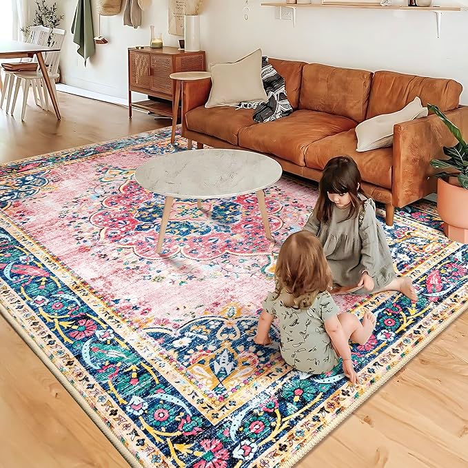 5x7 Area Rugs Pink Boho Rug for Living Room Vintage Rug Non-Slip Washable Low Pile Foldable Large Rugs for Bedroom Dining Room Indoor Floor Carpet