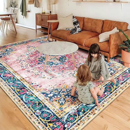 5x7 Area Rugs Pink Boho Rug for Living Room Vintage Rug Non-Slip Washable Low Pile Foldable Large Rugs for Bedroom Dining Room Indoor Floor Carpet