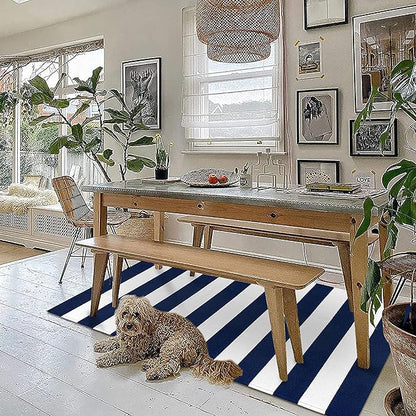 KOZYFLY Striped Outdoor Rug 3x5 Ft Front Door Rug Navy and White Hand Woven Cotton Blue Washable Outdoor Doormats Outdoor Entrance Mat for Front Door Kitchen Entryway Patio Front Porch Decor
