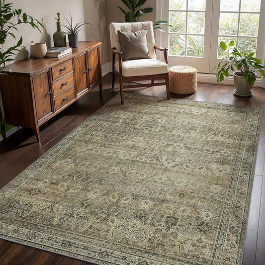 9x12 Area Rug Machine Washable Boho Rug for Living Room,Ultra-Thin Low Pile Carpet,Lightweight Indoor Printed Rug,Non Slip Floral Area Rug for Bedroom, Dining Room, Home Office,Sage