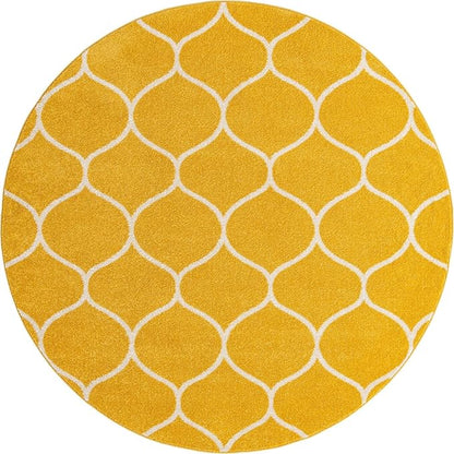 Rugs.com Lattice Frieze Collection Rug – 7' Round Yellow Medium Rug Perfect for Kitchens, Dining Rooms