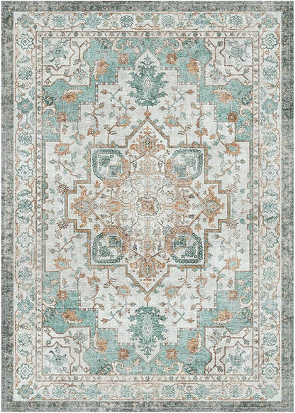 GENIMO 9x12 Area Rugs for Living Room, Machine Washable Non Slip Vintage Rugs, Low Pile Lightweight Chenille Print Rug for Bedroom, Dining Room, Home Office, Cyan