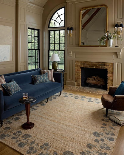 Loloi Chris Loves Julia Rue Collection RUE-05 Natural/Denim 9'-3" x 13' Area Rug Jute Neutral Floral Living Room Bedroom Rug