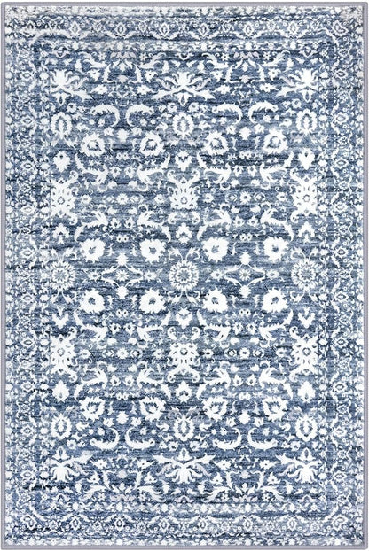 Vintage 4x6 Living Room Washable Rug, Light Blue White Non-Slip Soft Bedroom Area Rug Thin Printed Faux Wool Floor Super Soft Carpet Throw Rugs for Nursery Playroom Dining Room Office