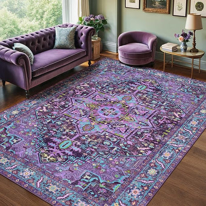 Kokia 9x12 Washable Area Rugs Violet Purple with Vintage Orient Design, Soft Rug for Living Room or Bedroom, Non-Slip Low Pile Stain Resistance Features, Distressed Medallion Pattern
