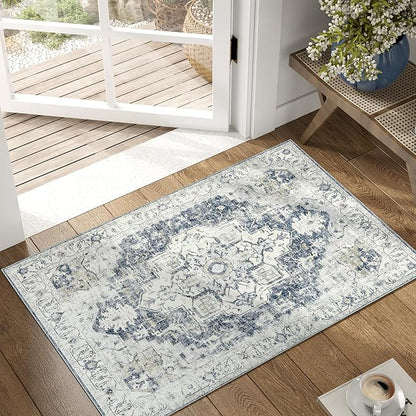 jinchan Kelda Area Rug 2x3 Entryway Rug Washable Soft Indoor Vintage Floor Cover Retro Distressed Mat Accent Lightweight Non-Slip Carpet for Entrance Bathroom Kitchen Living Room Bedroom Grey