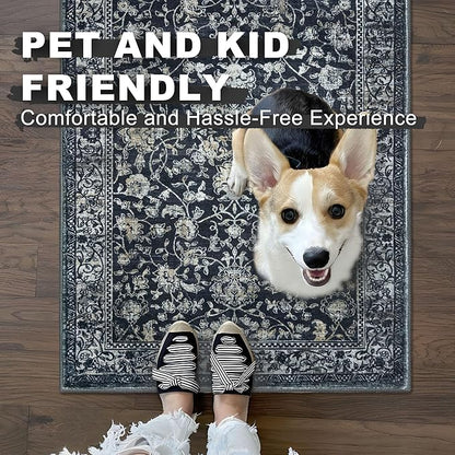 KILOCOCO Area Rug 3x5 Entryway Rug Washable Printed Vintage Floral Rubber Backed Non Slip Indoor Kitchen Rugs for Living Room Laundry Room Playroom Mudroom Moroccan Area Rugs, Navy/Charcoal