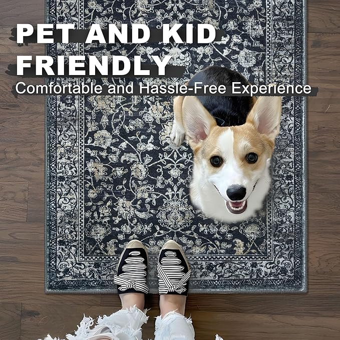 KILOCOCO Area Rug 5x7 Living Room Rug Washable Printed Vintage Floral Non Slip Soft Rubber Backed Indoor Bedroom Rugs for Laundry Room Kitchen Playroom Moroccan Area Rugs, Navy/Charcoal