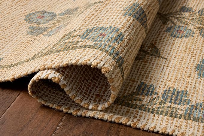 Loloi Chris Loves Julia Rue Collection RUE-04 Moss/Blue 5'-0" x 7'-6" Area Rug Jute Neutral Floral Living Room Bedroom Rug