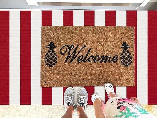 KOZYFLY Red White Striped Outdoor Rug 3x5 Ft Woven Christmas Area Rug Washable Front Door Rugs for Front Porch Kitchen Entryway Patio Dining Room Holiday Decor