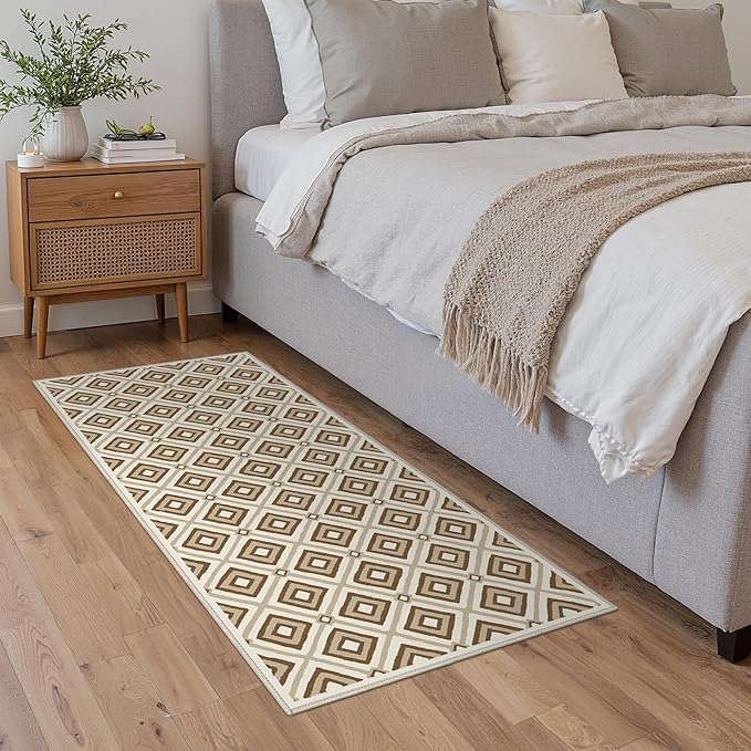 Bavni Hallway Runner Rug Machine Washable, 2x7 Non Slip Lightweight Washable Runners, Moroccan Checkered Rug for Entryway Laundry Kitchen Bathroom Corridor Bedside, Yellow Brown