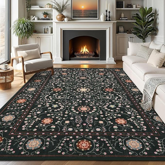 GarveeHome Boho 8x10 Area Rugs for Living Room, Floral Vintage Rugs for Bedroom with Soft Low Pile, Non Slip Stain Resistant Washable Rug 8x10 for Dining Room Black Large Carpet for Office Playroom