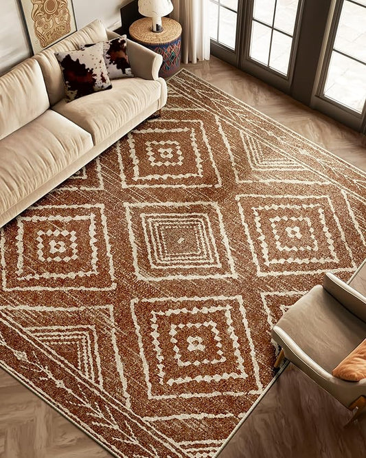 Area Rug 7x9 Rug Machine Washable Non-Slip Low Pile Print Pattern Western Rug for Living Room Bedroom Entryway Tribal Series-Yellowbrown/Cream
