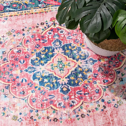 5x7 Area Rugs Pink Boho Rug for Living Room Vintage Rug Non-Slip Washable Low Pile Foldable Large Rugs for Bedroom Dining Room Indoor Floor Carpet