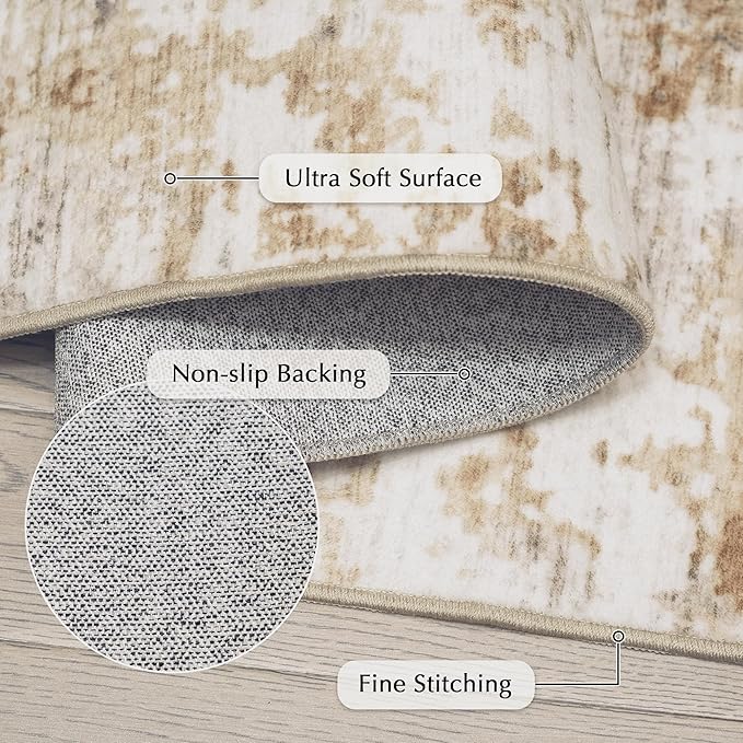 FMFUNCTEX 2x5 Runner Rug Washable Brown Grey Modern Abstract Neutral Non Slip Low Pile Entryway Hallway Soft Indoor Carpet for Kitchen Bedroom Bathroom Laundry Entrance Bedside Living Room, Grey Gold