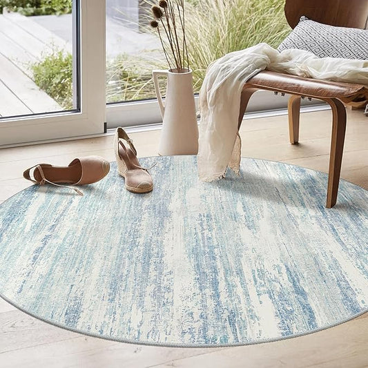 MUJOO Round Rug 4ft,Small Cicle Area Rug Washable,Circular Rugs for Entryway Bedroom Kitchen,Modern Abstract Non Slip Throw Carpet Accent Neutral Blue