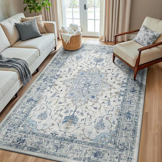 Area Rugs 6'x8' Washable Non-Slip, Floral Vintage Distress Print Pattern Medallion Carpet for Living Room Bedroom Dining Room, Light Blue Navy Beige Gray White