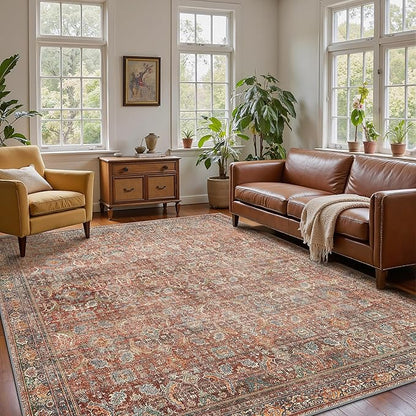 10x14 Area Rug Machine Washable Boho Rug for Living Room,Ultra-Thin Low Pile Carpet,Lightweight Indoor Printed Rug,Non Slip Floral Area Rug for Bedroom, Dining Room, Home Office,Terracotta/Indigo