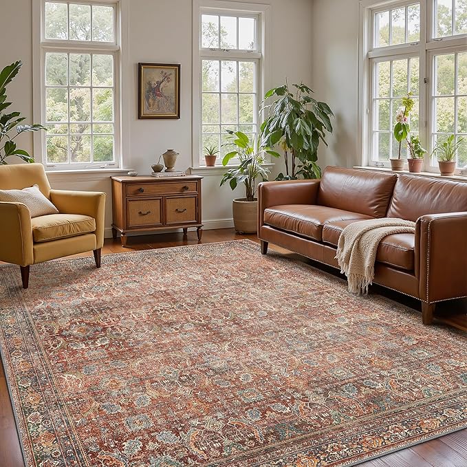 3x5 Area Rug Machine Washable Boho Rug for Living Room,Ultra-Thin Low Pile Carpet,Lightweight Indoor Printed Rug,Non Slip Floral Area Rug for Bedroom, Dining Room, Home Office,Terracotta/Indigo