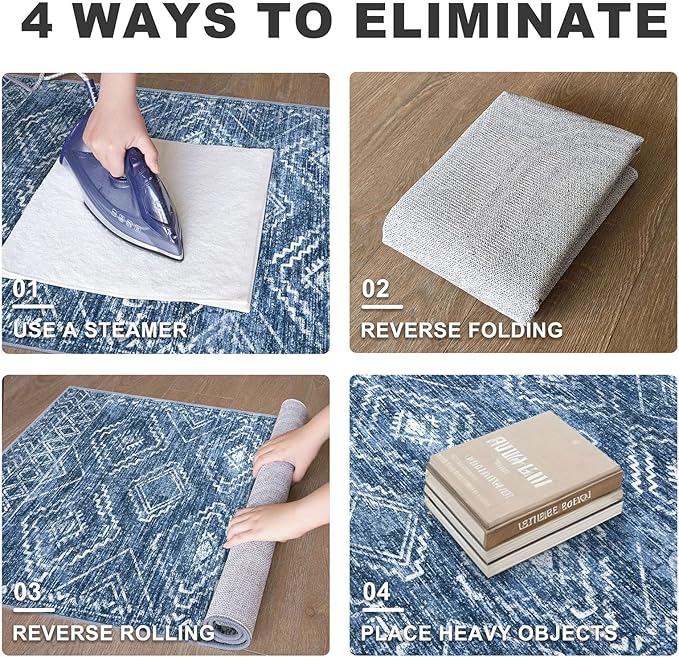 KILOCOCO Boho Entryway Rug 3x5 Area Rug Washable Non Slip Printed Throw Rugs Soft for Kitchen Living Room Dining Bedroom Geometric Moroccan Carpet, Stonewashed Blue