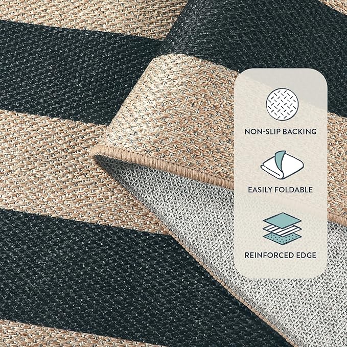 Lahome Striped Easy Jute Outdoor Rug 5x7, Large Neutral Dining Living Room Rug, Farmhouse Non Slip Non Shedding Washable Indoor Outdoor Black Carpet for Office Deck Patio Backyard Bedroom