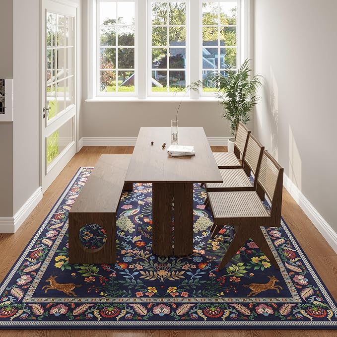 Rugcomf 9x12 Area Rugs for Living Room Washable Rug Floral Non-Slip Large Rug for Living Room, Bedroom, Farmhouse, Dining Room, Kids Playroom (Blue)
