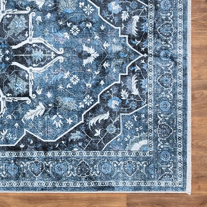 Bloom Rugs Caria Washable Non-Slip 8x10 Rug - Blue/Charcoal Traditional Area Rug for Living Room, Bedroom, Dining Room, and Kitchen - Exact Size: 7'8" x 10'