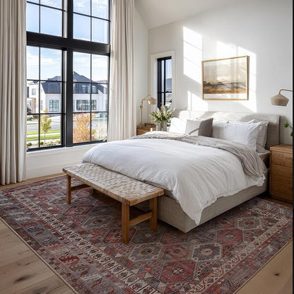 Kuden 8x10 Large Area Rug, Machine Washable Area Rug with Non-Slip Backing, Vintage Style, Soft, Easy Clean, Low Pile Rug for Living Room, Bedroom, Dining Room