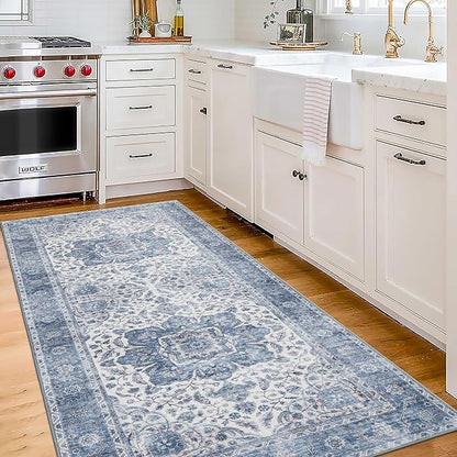 ReaLife Rugs Machine Washable Area Rug Runner - Living Room Bedroom Bathroom Kitchen Entryway Office - Padded Low Pile Stain Resistant Premium - Boho Farmhouse Vintage - Joy - Blue Ivory 2'6" x 6'
