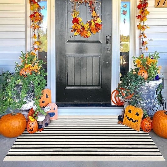 KOZYFLY 3'x5' Cotton Area Rug, Black and Beige Striped Outdoor Rug, Hand-Woven, Machine Washable, Perfect for Front Door, Kitchen, Living Room
