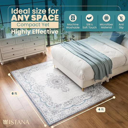 Istana 4x6 Rug - White Cream & Blue Area Rugs 4x6 - Kid & Pet Friendly Machine Washable Rugs - 4 x 6 Area Rug Non Slip & Non Shedding Area Rug - Foldable Rug for Room for Bedroom